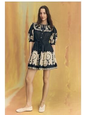 Sea NY Women's Cotton Puff Sleeve Mini Dress in Black & Ivory, Size XL, $225